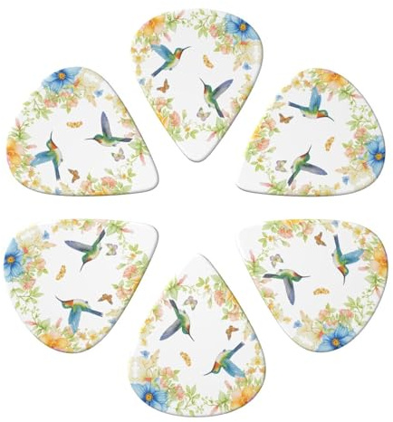 Hummingbird Floral Garden 6er-Pack Gitarrenplektren mit Etui, bunte Gitarrenplektren, dünn, mittel, stark, Zubehör für Akustikgitarre, Ukulele und Bass
