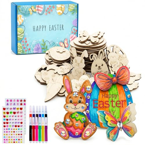 GoTilo Oster Bastelset Kinder aus Holz 24 Stück – Magnet Set zum Bemalen mit Malstiften, Osterdeko als Kühlschrankmagnet, Kreatives Basteln für Kindergarten & Familie
