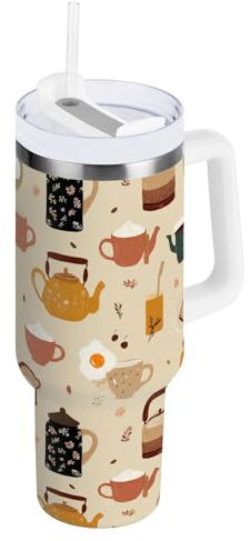 Aslsiy 40oz Tumbler with Handle and Straw Tea Set Breakfast Food (4) Insulated Stainless Steel Cup Travel Coffee Mug for Women Men