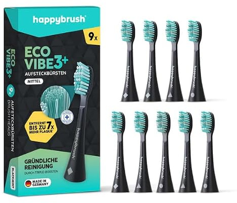 happybrush® Nachhaltige Aufsteckbürsten für elektrische Schall-Zahnbürste Eco VIBE 3 - Schwarz/Mint - 9 Stück