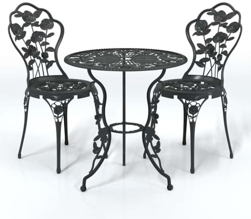XHNIFBN 3-TLG. Bistro-Set aus Aluminiumguss in Schwarz, Gartentisch mit 2 Stühlen, Sitzgruppe für Balkon und Terrasse, Gartenmöbel mit Blumenmuster, 59x59x67 cm