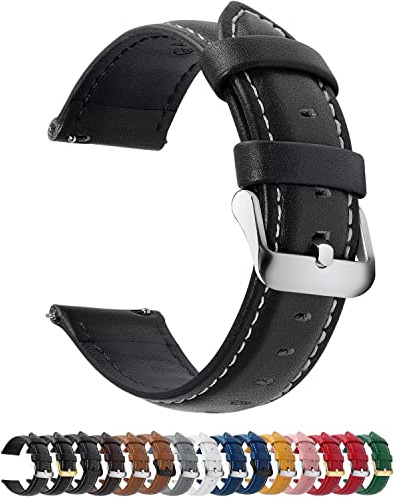 12 Farben Uhrenarmband 24mm Lederarmband für Smartwatch Universal-Uhr | Schnellverschluss Vintage Ersatzrmbänder mit Edelstahl Schließe,für Herren Damen,Schwarz+silber Schnalle