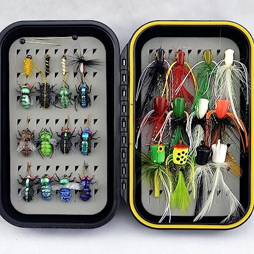 Fliegenfischen Set Fliegensortiment Forelle Barsch Angeln mit Fliegenbox, mit Trockenfliegen, Nymphen, Luftschlangen, Fliegenknöpfen (Haus und Popper)