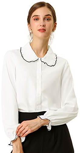 Allegra K Women's Saint Patrick's Day Ruffle Peter Pan Collar Long Sleeves Button Up Blouse Shirt, White, 12
