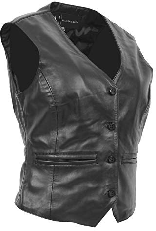 Femmes Cuir Souple Waistcoat Mince Fit Gilet Classique Décontractée Veste sans Manches Katy Noir (L - EU 40)