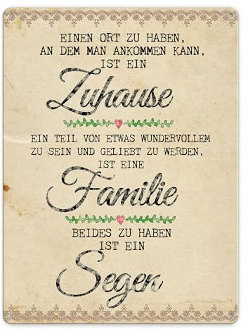 PR Print Royal Blechschild mit Spruch - Zuhause und Familie ist EIN Segen - Geschenkidee/Familie/Einzug/Türschild/Wandschild - Hochformat DIN A3