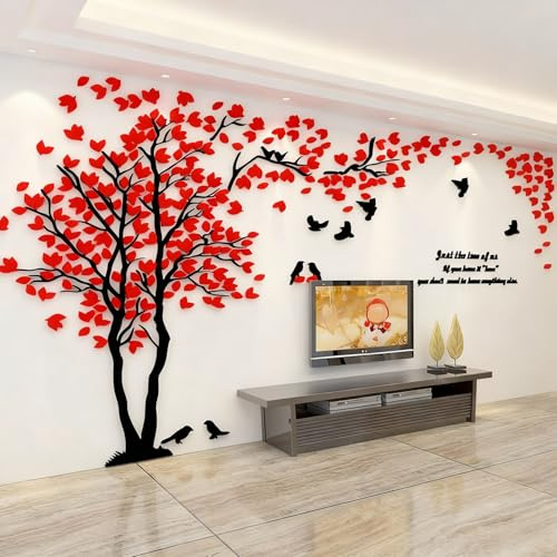 Albero Adesivo da Parete, Alberi e Uccelli 3D Adesivi Murali Arts Wall Sticker Decorativi per TV Par, Camera da Letto, Sala, Ufficio (Rosso Sinistra,XL-400 * 200cm)