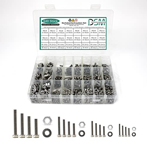 DSM – 640 teiliges Set Sechskantschrauben M3-M12 – DIN 933 – Edelstahl A2 | metrische Schrauben – Vollgewinde Außensechskant [TrueSpec Präzision] Maschinenschrauben Gewindeschrauben Schlüsselschrauben