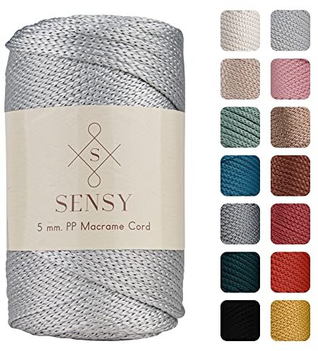 Sensy, Cordoncino in poliestere da 5 mm, 95 metri, 100% polipropilene, per macramè, 5 mm, per borse all'uncinetto, macramè, filo all'uncinetto, regalo per maglieria (Argento)