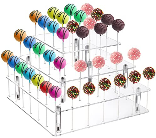 Frcctre 3 Tier Acrylic Cake Pop Display Stand, 56 Holes Clear Acrylic Lollipop Holder Square Cupcake Dessert Candy Holder for Wedding Baby Shower Birthday Parties Anniversaries