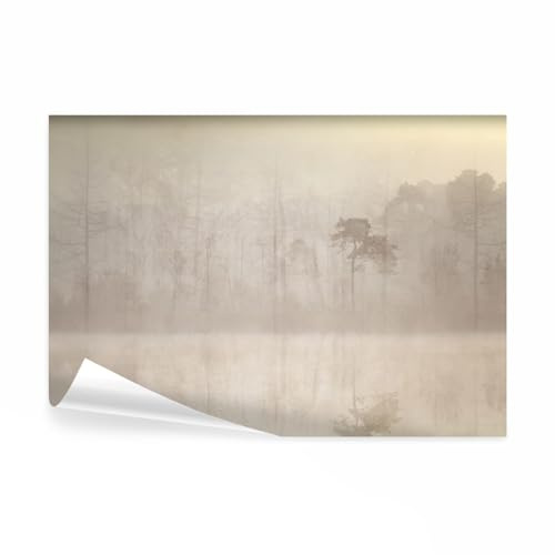 decomonkey Fototapete Wald Vintage 350x256 cm Design Tapete XXL Fototapeten Vlies Tapeten Vliestapete Wandtapete moderne Wand Schlafzimmer Wohnzimmer Landschaft See Baum Nebel Beige Grau