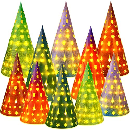 Kathfly 10 Set Christmas Luminary Paper Bags with Flameless Tea Lights Cone Shaped LED Candle Bags Xmas Flame Resistant Candle Lantern Christmas Tree Luminary for Xmas Wedding Birthday Party Decor