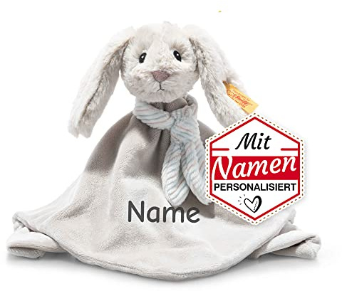 Steiff Schmusetuch Hoppie Hase, mit Namen Bestickt, Schnuffeltuch Kuscheltuch, personalisiert mit Wunschname Wunschtext, Geburtsgeschenk zur Geburt, Taufe, Baby für Jungen Mädchen