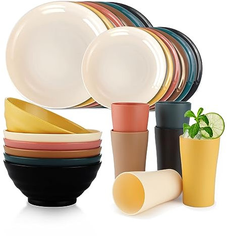 Bestdin Vaisselle de camping, 24 pièces, pour 6 personnes, incassable, vaisselle de pique-nique avec bol, assiette et gobelet pour camping, pique-nique, fête, sans BPA, passe au lave-vaisselle