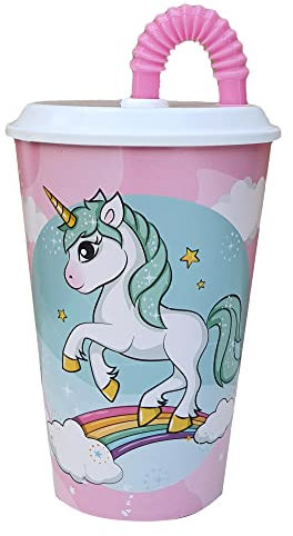 CARTOON Bicchiere con cannuccia, Unicorno, bicchiere per bambini, plastica riutilizzabile semirigida, BPA Free, capacità 430 ml