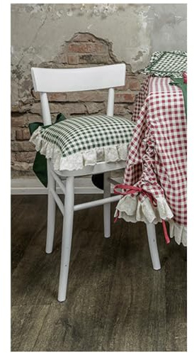 L'Atelier 17 Dekoratives quadratisches Küchenstuhlkissen mit kariertem Volant aus San Gallo-Spitze „Love Forest“ Shabby Chic, Vintage 40x40 cm 2 Varianten (1Stk) VERDE
