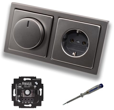 Busch Jäger 6523UR-103 LED Drehdimmer Dimmer + Dimmerscheibe 6540-866-102 und Steckdose 20EUC-866 in PUR Edelstahl inklusive EBROM Phasenprüfer zur Montage der Geräte 6523 UR-103