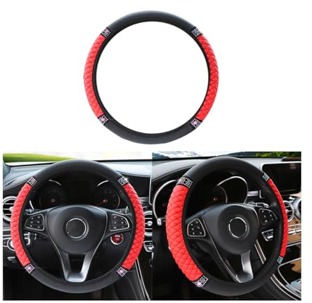 Adunsiaoto Leather Embroidered Colour Diamond Studded Elastic Steering Wheel Cover, Universal Breathable Steering Wheel Cover, Car Decor Accessories for Women, Automotive Accessories(Red)