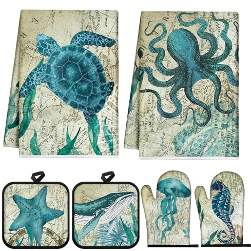 6 Pcs Sea Ocean Beach Kitchen Towels Pot Holders and Oven Mitts Set Coastal Dish Towel Ocean Animal Oven Gloves Heat Resistant Potholders for Kitchen Summer Cooking Gift