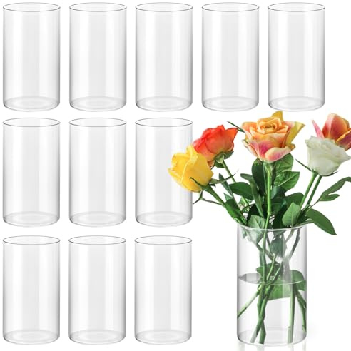 LeeQinersw Lot de 12 vases cylindriques en verre pour centres de table - 15,2 cm de haut - Grands vases transparents - Bougeoirs cylindriques pour table, maison, mariage, décoration de fête