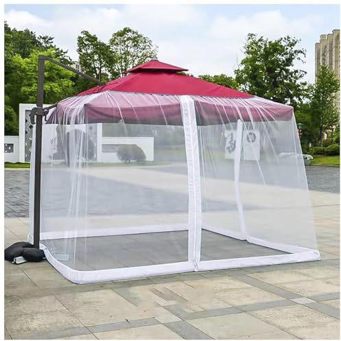 PJDDP Outdoor Patio Umbrella Netting for 3x3M/10x10FT Roman Parasol, Tear-Resistant Polyester Mosquito Netting Screen Mesh with Zipper Door, Adjustable Rope and Fillable Base,White