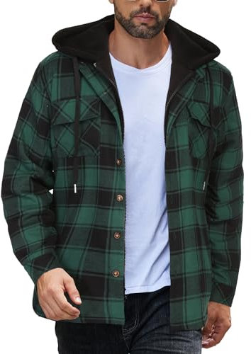 COOFANDY Veste-Chemise à Carreaux pour Homme Veste-Chemise à Capuche Chemise Thermique Veste d'hiver Avec Doublure Matelassée Vert Foncé L