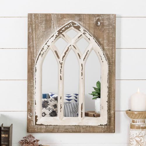 Synovana Espejo de pared para ventana de arco, espejo de catedral, decoración de pared, espejo decorativo vintage con marco de madera para entrada, pasillo, sala de estar, 13.4 x 1.77 x 18.1 pulgadas