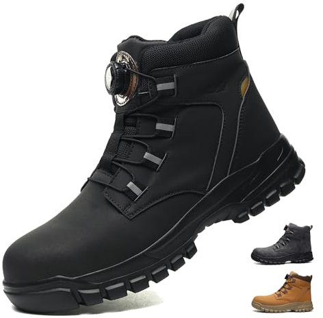 COOU Steel Toe Cap Boots Mens Womens Waterproof Work Boots Anti Slip Lightweight Ankle Support Quick Lace Safety Boot Black 7UK