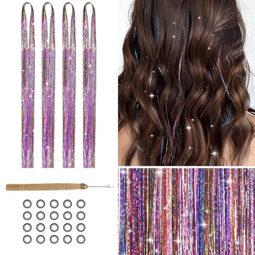 Lot de 800 mèches de cheveux à paillettes pour cheveux - 120 cm - Extensions de cheveux - Fée - Couleur mélangée