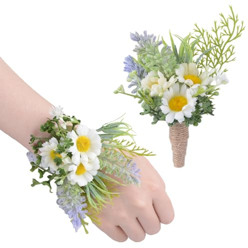 URROMA Ansteckblumen-Set mit weißen Gänseblümchen, 2 Stück, künstliche Handblume und Ansteckblume für Heimkehr, Abschlussfeier, Abschlussball, Braut, Hochzeit, Party