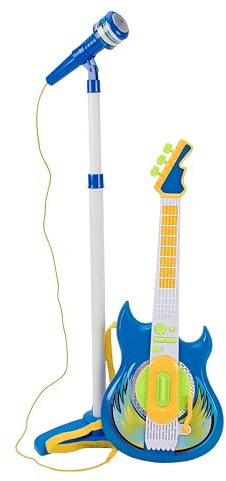 Chitarra Elettrica e Microfono con Asta Giocattolo Bambini Chitarra Rock Microfono Karaoke con Collegamento MP3 Smartphone Asta Regolabile Altoparlante Basi Musicali Chitarre Rock Elettronica