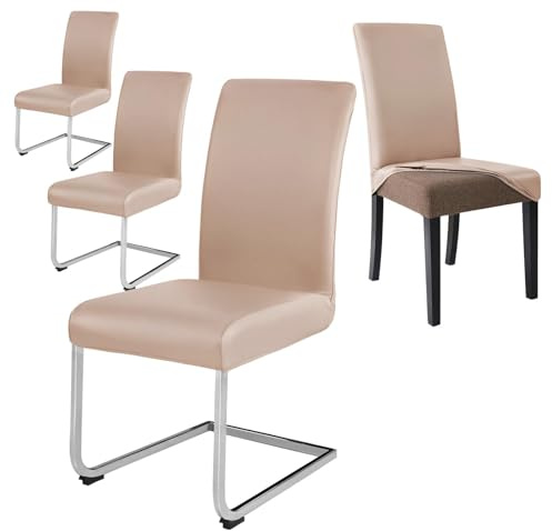Alishomtll Stretch PU Chair Covers Set of 4 Faux Leather Chair Slipcovers Swing Chair Waterproof Washable Dining Room Chair Covers Protection for Kitchen Restaurant Hotel Wedding (Khaki Pink, 4pcs)