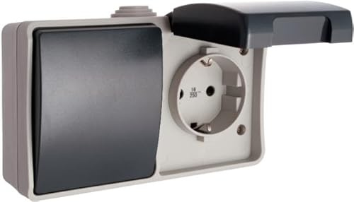 Base fija estanca IP44 con conmutador e interruptor, ideal para instalaciones eléctricas en exteriores y zonas húmedas.