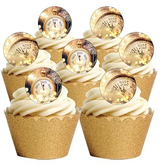 24 Pre-Cut Gold New Year 2025 Clock Themed Edible Wafer Paper Cake Toppers Decorations