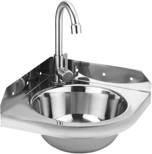 GXQFF Edelstahl Eckspüle Eckwaschbecken Wandmontage Badezimmer Waschbecken, Kleines Waschbecken Eckwaschbecken, Ideal Für Wohnmobil Wohnwagen Boot Wohnmobil-Edelstahl 201||Warm- und Kaltwasserhähne