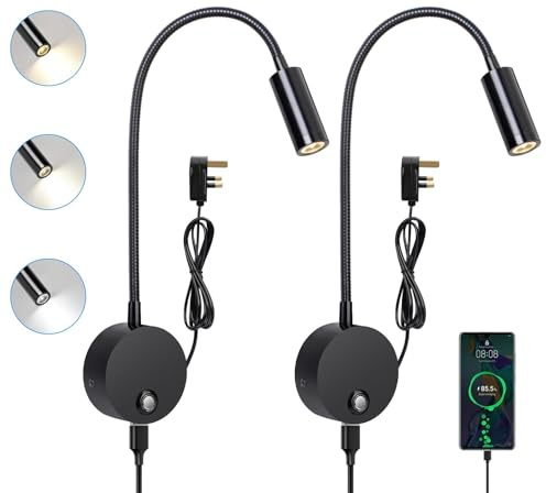 ERWEY 2Pcs Reading Lamp Wall Mounted, LED Bedside Light with Switch Touch Dimmable and USB Charging Port, Bed Reading Light 360° Swing Gooseneck Lamp with Plug and Cable for Bedroom (Black)