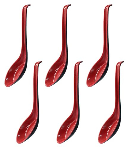 Cjueiom 6Pcs Rice Spoons, Asian Plain Style, Black and Red | Chinese Soup Spoons, With Hook, For Ramen, Wonton & Noodle Dishes