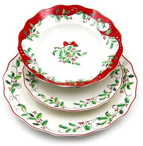 Royal Family Service de table de Noël, décor Agrifoglio Natalizio sur bord rouge, 6 couverts (18 pièces) en porcelaine brillante et résistante - Convient au lave-vaisselle et au four - Christmas