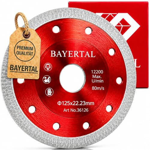 BAYERTAL® Diamanttrennscheibe 125 mm – Trennscheibe für Fliesen, Feinsteinzeug & Naturstein – Für Winkelschleifer 22,23mm Aufnahme | Fliesen scheibe | Feinsteinzeug schneiden | Naturstein schneiden