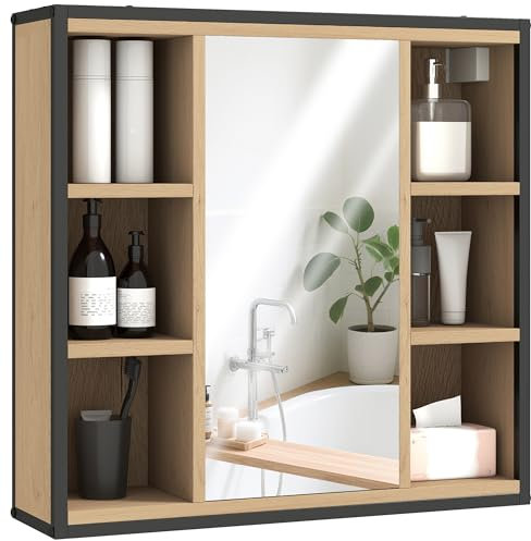 HOMCOM Armoire Murale Salle de Bain avec Miroir, 52 x 24,5 cm, Meuble Salle de Bain, Armoire de Toilette avec 6 Compartiments Ouverts et étagère réglable, chêne