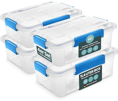 Kreher® Aufbewahrungsbox 11,4 Liter mit Deckel – wasserdicht & staubdicht, transparent & stapelbar, BPA- & schadstofffrei, robuste Kunststoffbox mit Silikondichtung & 4 Clips (4, 11,4 Liter)