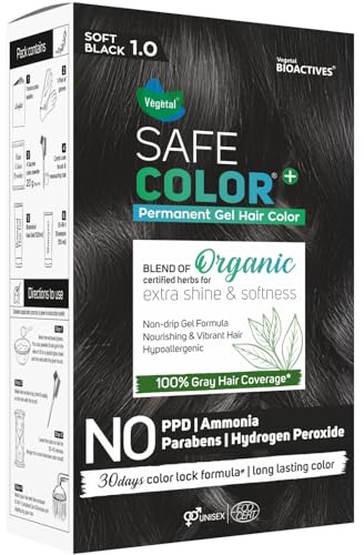 Vegetal Safe Color+ Organic Permanent Gel Hair Color, Soft Black 1.0, No Ammonia, Made with Natural Herbs, 100% Gray Coverage, 30-Day Color Lock 70 ml