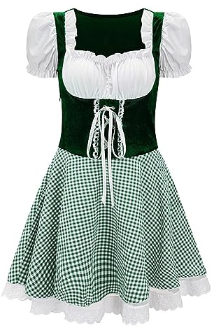 Bavarian Beer Maid Dirndl Costume for Women Traditional Puff Short Sleeve German Dress Beer Wench Festival Carnival Outfit Halloween Fancy Outfits Green