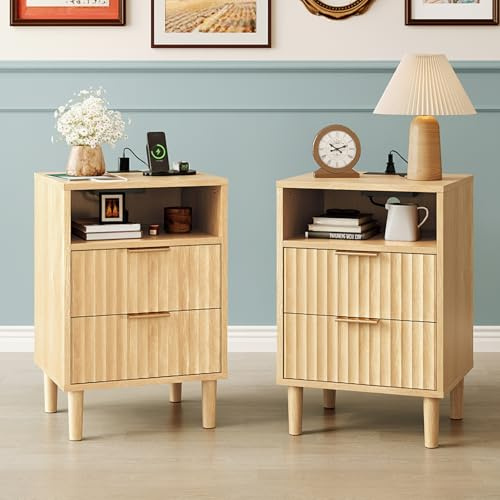 LEADZM Nachttisch 2er Set mit Ladestation, Nachttische 2 Schublade 1 offenem Fach, Beistelltisch für Schlafzimmer, Europäischer Stecker, 40 x 35 x 60 cm