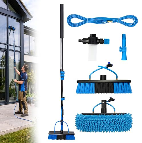 CleanRite® Teleskopstång 4,7 m | Teleskopisk rengöringsborste med vatten | Tvålbehållare | Justerbart huvud | Rengöring av solpaneler, fönster, terrass | Svart