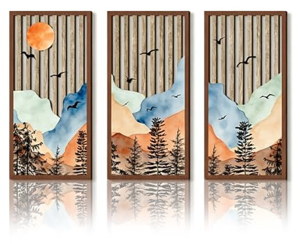 Hocadrv 3 Stück Boho Wanddekoration Moderne Gerahmte Wanddekoration | mit Wald und Vögeln Leichte Holz Wanddeko für Wohnzimmer Schlafzimmer Büro Flur Heimdekoration 40 x 20 cm