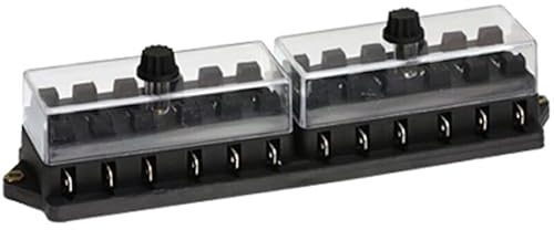 Sicherungskasten 12-fach für Flachsicherungen bis 40A – Sicherungshalter Box mit transparentem Deckel, spritzwassergeschützt, KFZ Sicherungsdose Verteiler 12V/24V