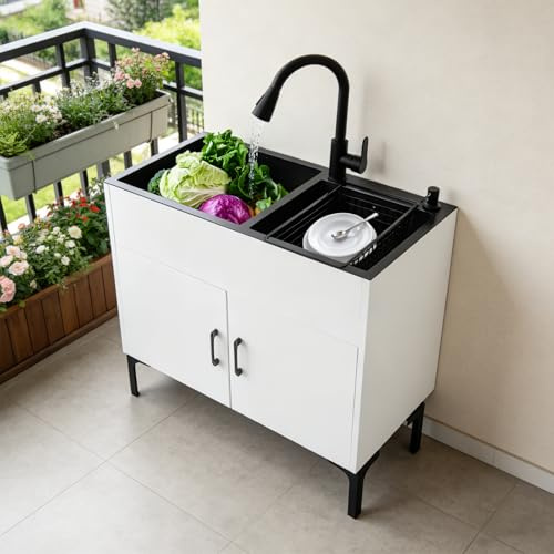 Fregadero de cocina independiente de 81 x 43 cm, con armario y grifo extensible 360°, acero inoxidable 304, escurridor y dispensador de jabón, fregadero doble para cocina, lavandería y gastro