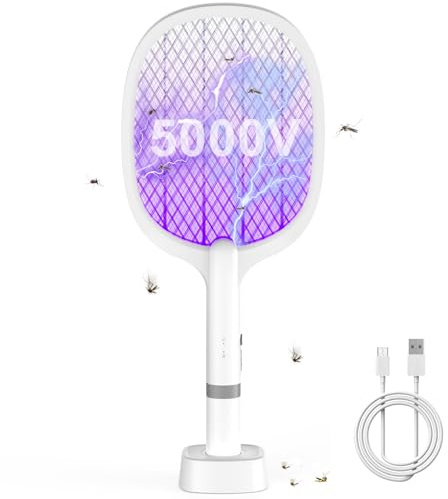 YOUBST 5000V Elektrische Fliegenklatsche, Extra Stark Fliegenklatsche Elektrisch, 2 in 1 USB Typ-C Elektro Mückenklatsche mit Akku Aufladbar& UV Lichtfalle für Mücken, Fliegen, Wespe, Motten