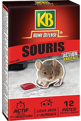 KB HOME DEFENSE SOURIPAT - Pâtes Anti-Souris 120 g - Actif dès la 1ère ingestion - Spécial lieux secs et humides - 12 sachets de 10g - prêts à l'emploi- jusqu'à 4 stations d'appâtage